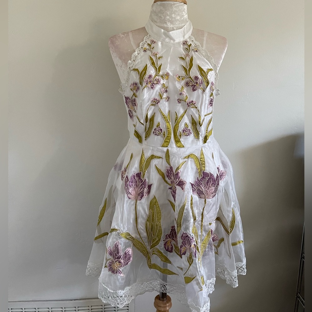 New High neck mini dress with cut outs and embroidered lace, new